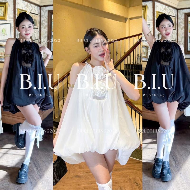  Đầm cổ yếm dáng babydoll phồng bí đính hoa hở ngực dễ thương đáng yêu Chit Dress Biu Clothing BB0502  kèm quần bảo hộ  