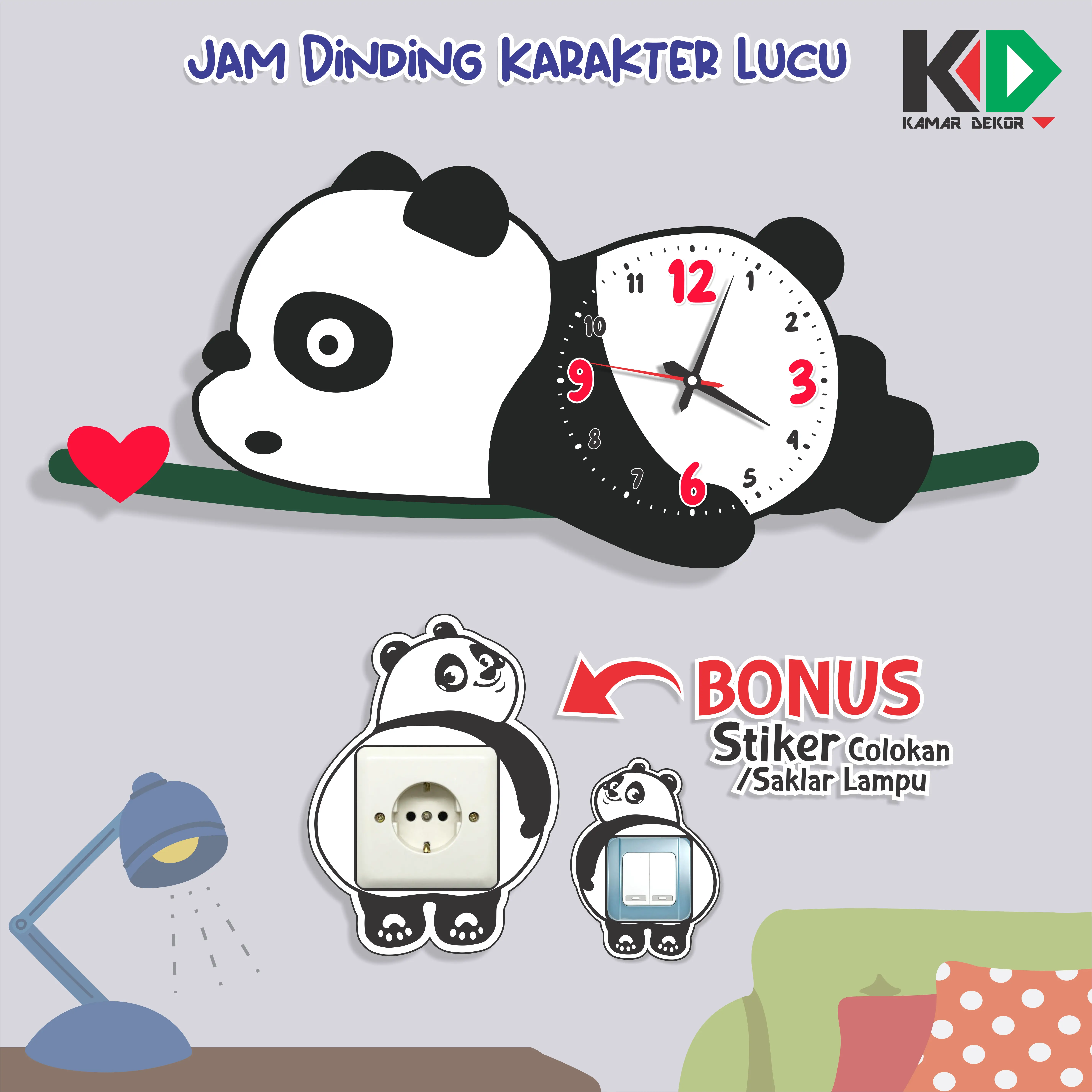 Jam Dinding Aesthetic Gambar Panda Lucu Hiasan Pajangan Dekorasi Kamar Kado dan Sovenir Anak Jam SNI Motif Batik Bahan Kayu