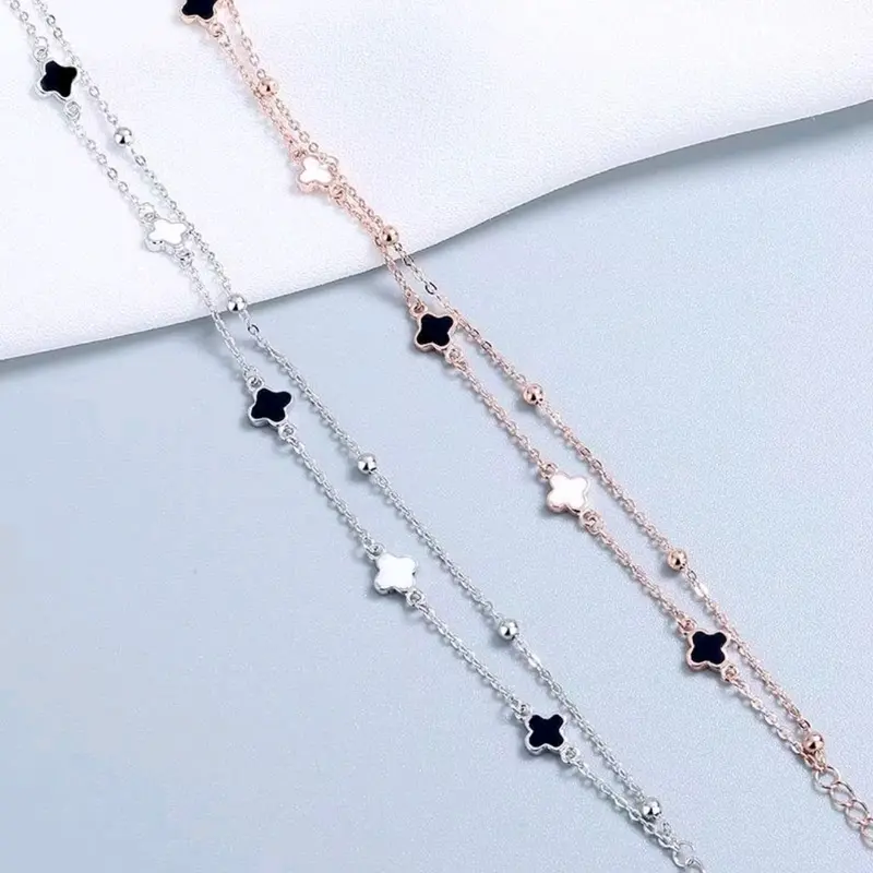 Gelang Tangan Wanita Liontin Daun Bunga Dua Layer Anti Karat Anti Luntur - Bracelets Titanium Elegan 1