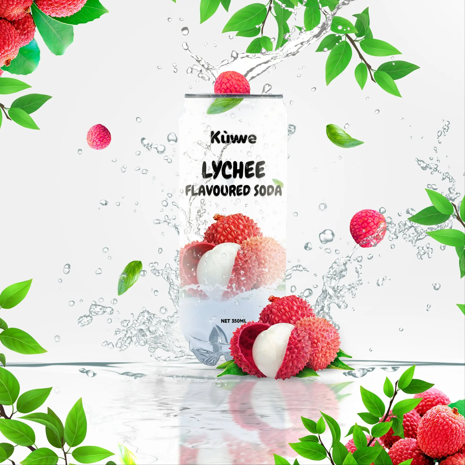 (Healthier Choice) Kuwwe Lychee Flavoured Carbonated Sparkling Soda 24 Cans x 350 ML