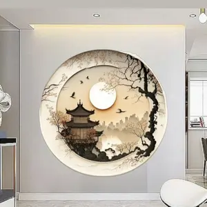 lukisan dinding pemandangan jepang bulat,hiasan dinding aesthetic modern Kayu Frame