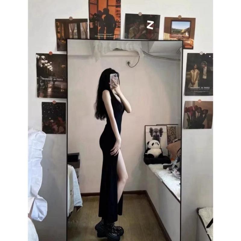 [P10] Đầm body dáng dài xẻ tà 2 dây bản lớn váy đen ôm dáng tôn dáng size dưới 55kg