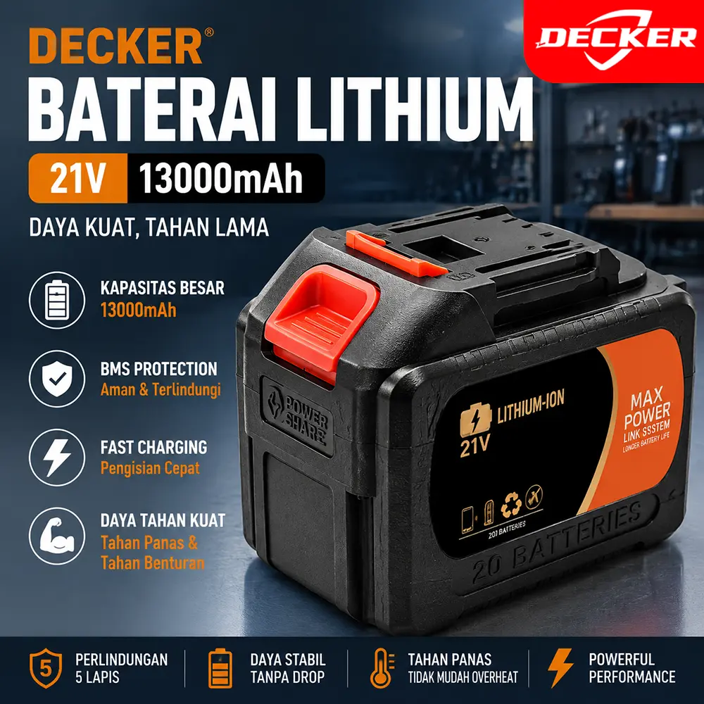 DECKER Baterai Lithium Li-Ion 21V 13000mAh Kapasitas Tinggi Tahan Lama untuk Bor Cordless Impact Wrench Kunci Pas Listrik Gergaji Chainsaw Gerinda