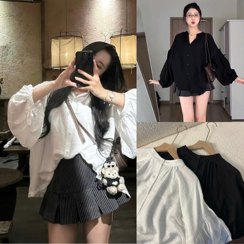 Áo sơ mi nữ chất đũi mềm form RỘNG tay bồng cổ trụ SUMIISHOP mã A19