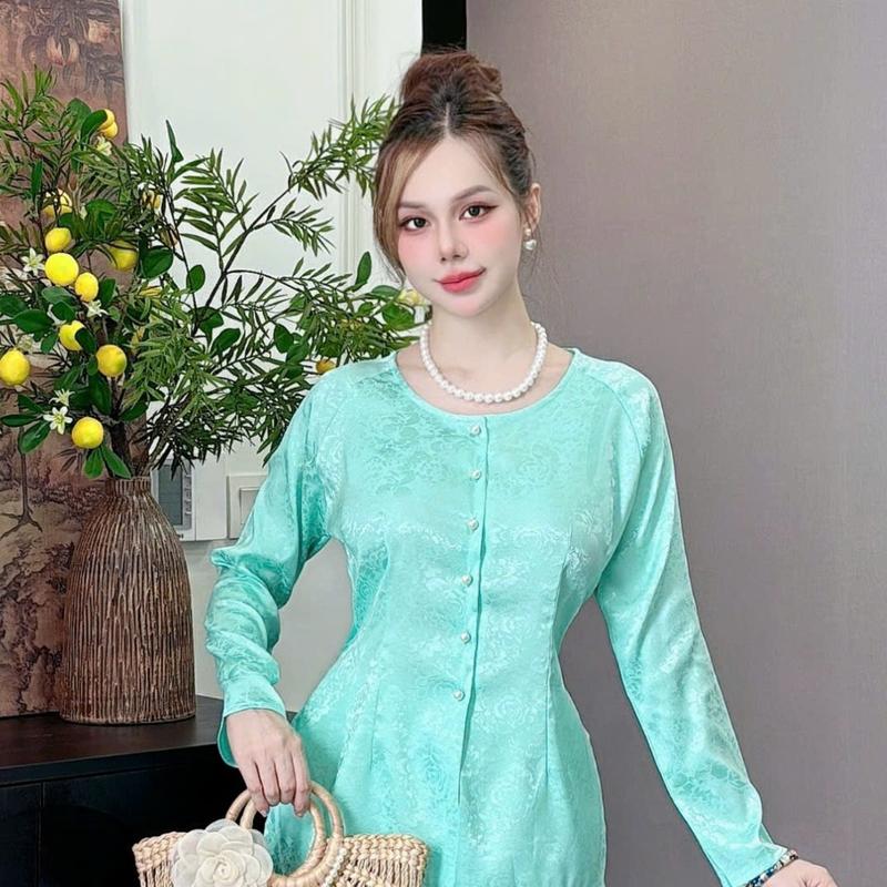  ANH MỸ - Áo lẻ - bà ba nữ cổ tròn nút gài tay dài chất liệu gấm SP0338-1 