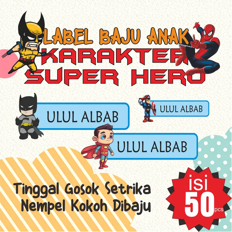 Label Baju Anak Karakter Super Hero Custom Nama Sablon Setrika Praktis Isi 50 Pcs 0