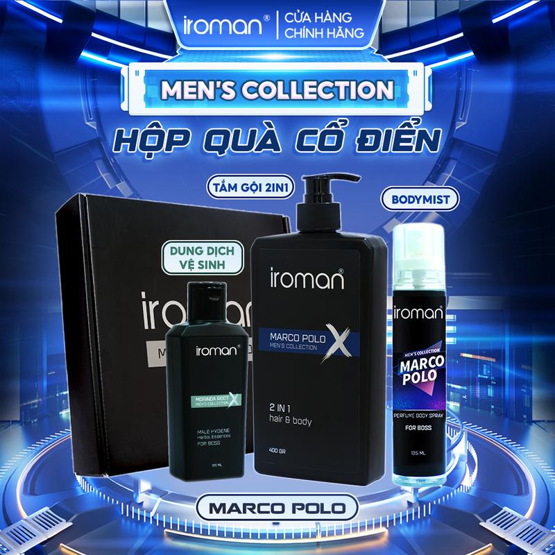 Hộp Quà Cổ Điển IROMAN Tắm Gội 2in1 400G+Tinh Chất Thảo Dược Vệ Sinh Nam 120G+Xịt Khử Mùi Toàn Thân Dành Cho Nam 135ML