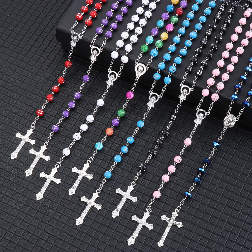 atforin 1 PC Teenage Girl Gifts Pendant Various Styles Cross Rosary Catholic Necklace Rosary Beads