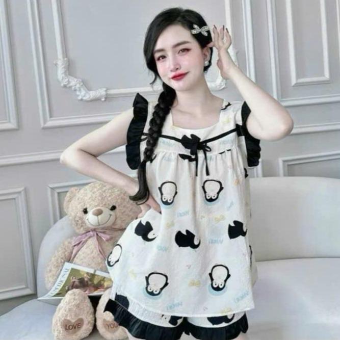 Bộ Vải Đũi size 40-57KG Hình hoạt hình ngẫu nhiên tương tự  giống màu Có thể giặt bằng máy Nữ Women VOI Đồ Ngủ Áo Cánh Tiên Quần Ngắn