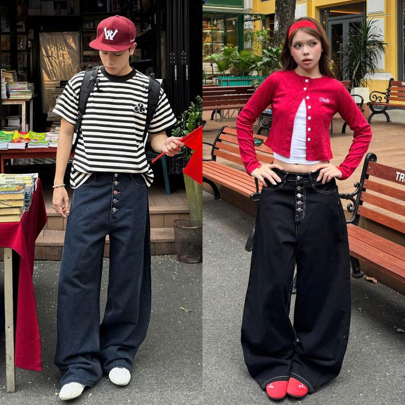 AB HOUSE - Quần jeans ống suông rộng phối nhiều nút thời trang nam nữ