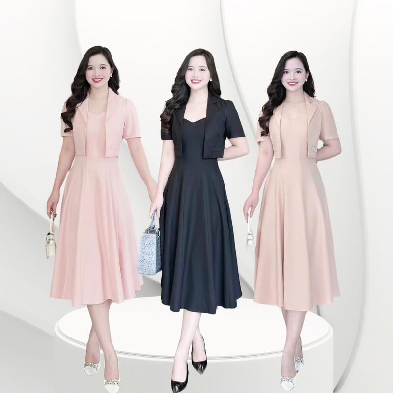Set đầm váy nữ thiết kế Nhật Vy 2 dây kèm áo khoác cổ vuông vest bigsize chất linen gân công sở văn phòng dự tiệc màu đen hồng pastel nude luasang chanh -  D3083