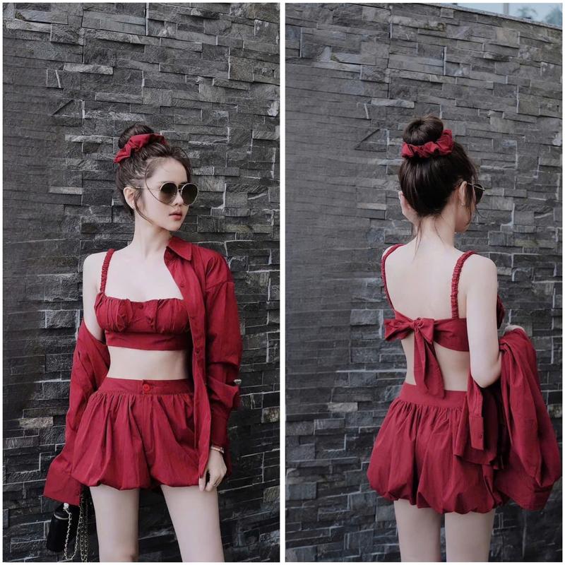 Sét đồ nữ 3 món áo hai dây kèm khoác sơ mi phối quần đùi bí cùng tông màu thiết kế trẻ trung thích hợp mặc đi chơi đi biển