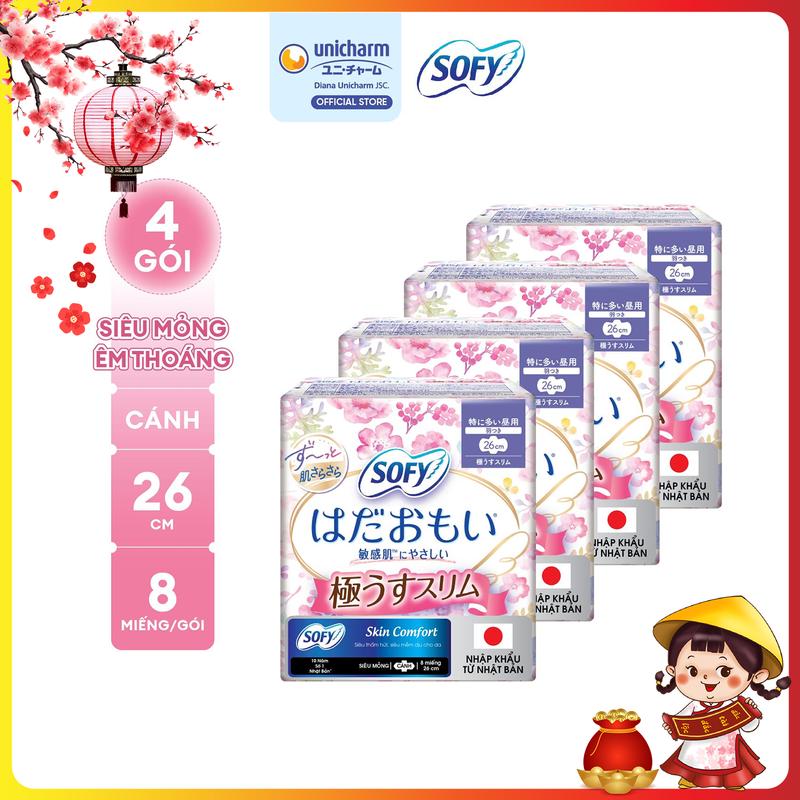   COMBO 4  Sofy Băng vệ sinh Skin Comfort Siêu mỏng Cánh 26cm 8 miếng 