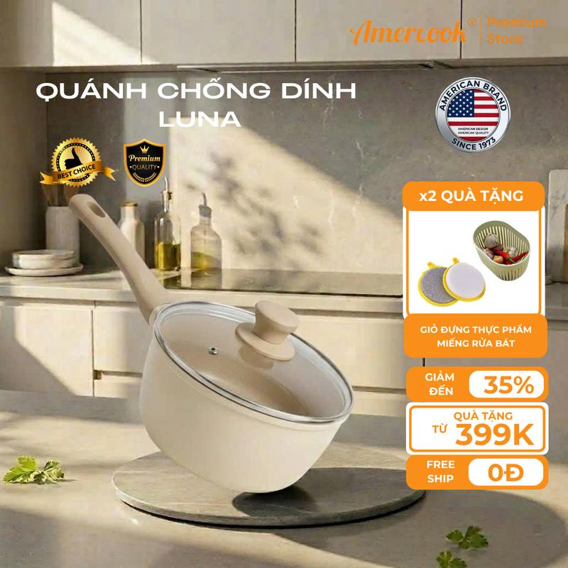 AMERCOOK - Quánh chống dính Ceramic Luna 18cm nhôm rèn, Quánh nấu cháo Amercook an toàn sử dụng cho mọi loại bếp LU0418