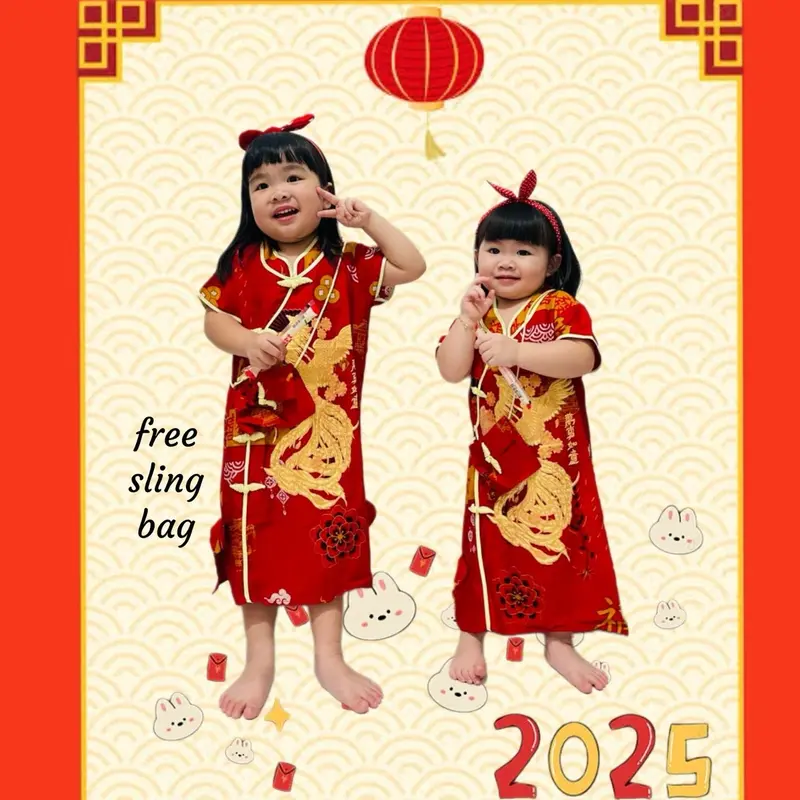 CHEONGSAM ANAK CEWEK EDISI IMLEK TAHUN ULAR/DRES CHEONGSAM ANAK CEWEK/TERUSAN ANAK DRES IMLEK WARNA MERAH FREE TAS SLING BAG 1