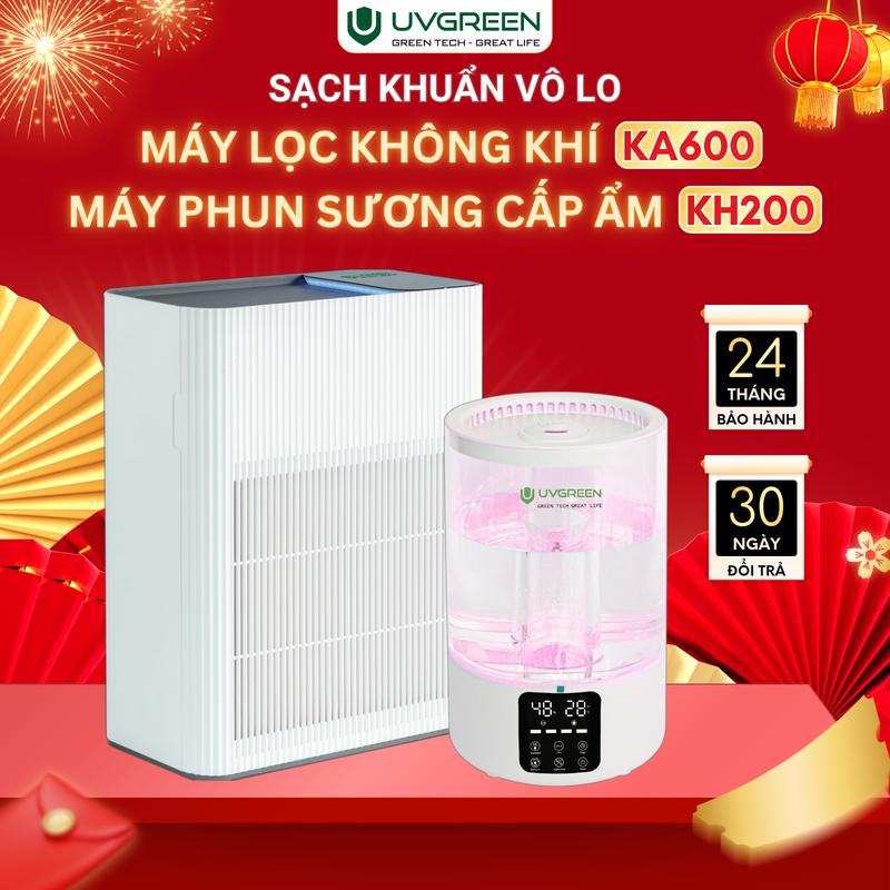 Combo Máy Lọc Không Khí UVGREEN KA600 UVC LED Diệt Khuẩn 60m2 + Máy Phun Sương Siêu Âm Tạo Ẩm UVGREEN KH200 - Khuếch Tán Xông Hương Tinh Dầu Thơm Phòng Ngủ - Bảo Hành Chính Hãng 24 Tháng