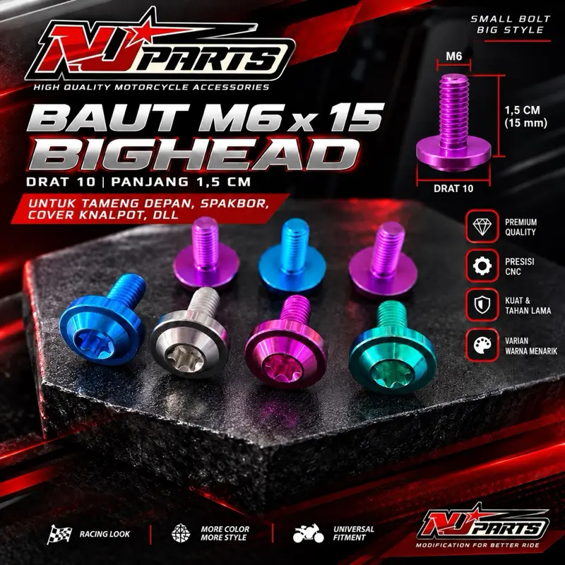 Baut probolt titanium M6 x 15 bighead drat 10 panjang 1,5 cm model bighead untuk tameng depan,spakbor, cover knalpot, dll HARGA SATUAN Motorcycle