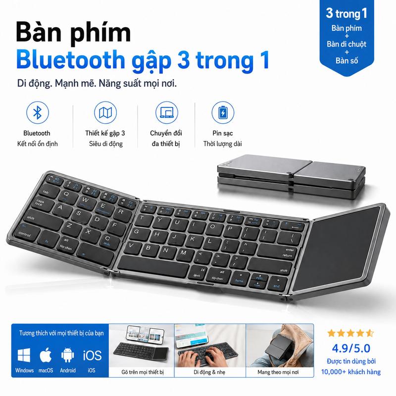 Bàn phím Bluetooth không dây, có thể gập lại, tiện lợi và mỏng nhẹ, bàn phím sạc qua USB êm ái, phù hợp với điện thoại, máy tính bảng, máy tính, TV và tất cả các thiết bị có Bluetooth