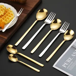 Sendok Makan Stainless Steel Emas Sendok Korea Sendok Garpu Food Grade Sendok Salad Gagang Panjang Sendok Makanan Penutup Peralatan Makan Sendok Masak Asia untuk Dapur Rumah Restoran Peralatan Makan Kokoh