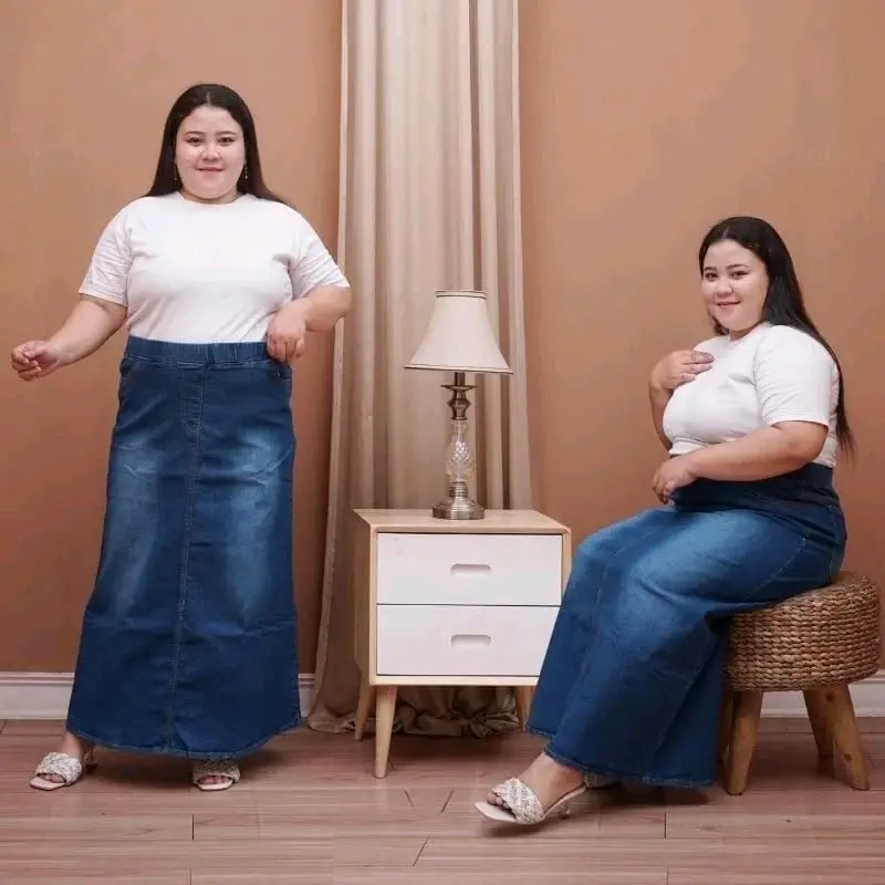 Rok Panjang Jumbo Jeans / Rok Panjang wanita Pinggang Karet Melar / Rok A-line Panjang Jumbo Tebal Denim
