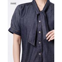 Gambar FAME | Studio Tie Blouse | Blouse Wanita Denim Look Pita Leher Smart Casual | 9221613 - Dark Denim, XL dari FAME Official Kota Surabaya 5 Tokopedia