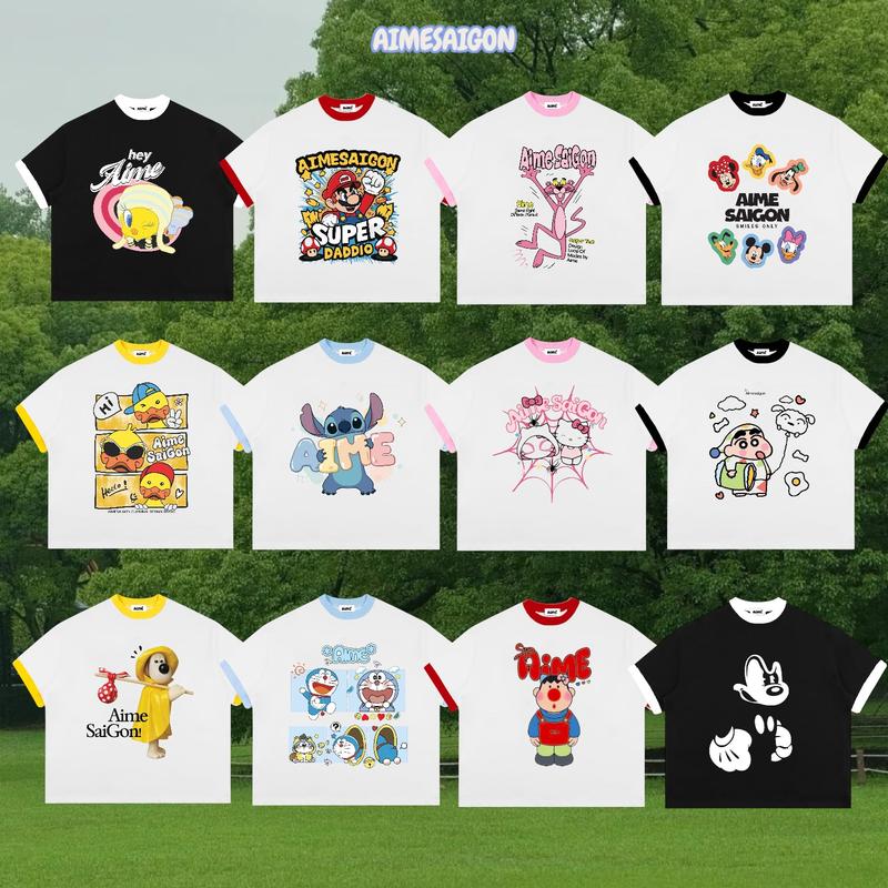 Ver1 Áo Thun Boxy AIMÉ Cotton 250gsm Cổ Tròn Nam Nữ " PHỐI MÀU CARTOON " Áo Phông Nữ Form Rộng Nữ Mùa Hè Kiểu Đẹp Nam Nữ