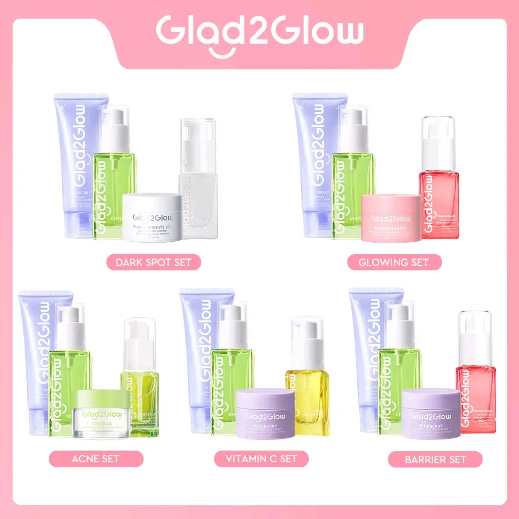 1 GLAD2GLOW SPESIAL BUNDLING 4IN1 PAKET SKINCARE 4 PCS MOISTURIZER SERUM TONER FACE WASH - ACNE KIT GLOWING KIT kombinasi tea tree oil kit perawatan kulit Acne Prone Pembersih Skin Care Kits pink Semua Tipe Kulit BHA Sensitive Kontrol Minyak wajah berjera
