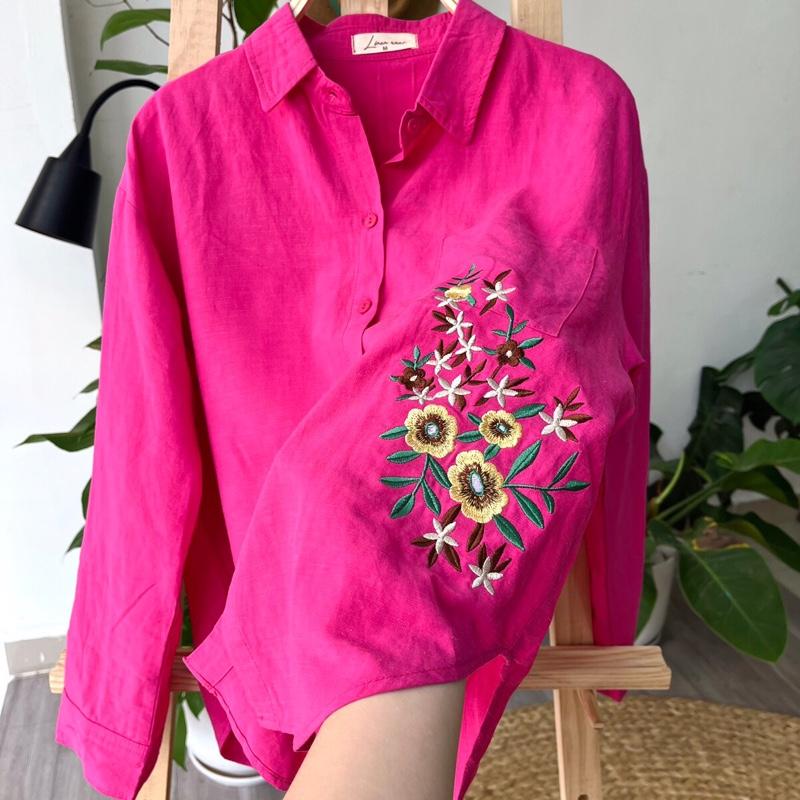 ÁO SƠMI LINEN NỮ THÊU HOA TAY ÁO CÁNH DƠI FORM BASIC RỘNG THOẢI MÁI VÀ THANH LỊCH - VẢI LINEN ĐÃ QUA XỬ LÝ