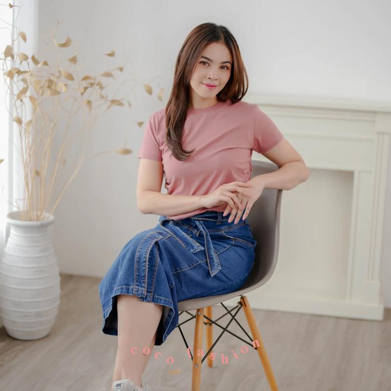 Atasan Wanita Kaos Lengan Pendek Liza Top Kerut Samping Korean Cute Girl Style Cotton Combed Premium Size M L XL Basic Polos Casual Outfit 2