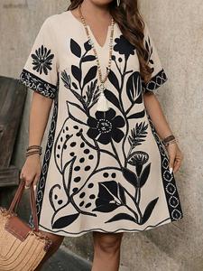Vestido de talla grande con estampado floral, ajuste holgado, cuello en V y mangas cortas, largo hasta la rodilla, estilo elegante, adecuado para primavera y verano, apto para diversas ocasiones