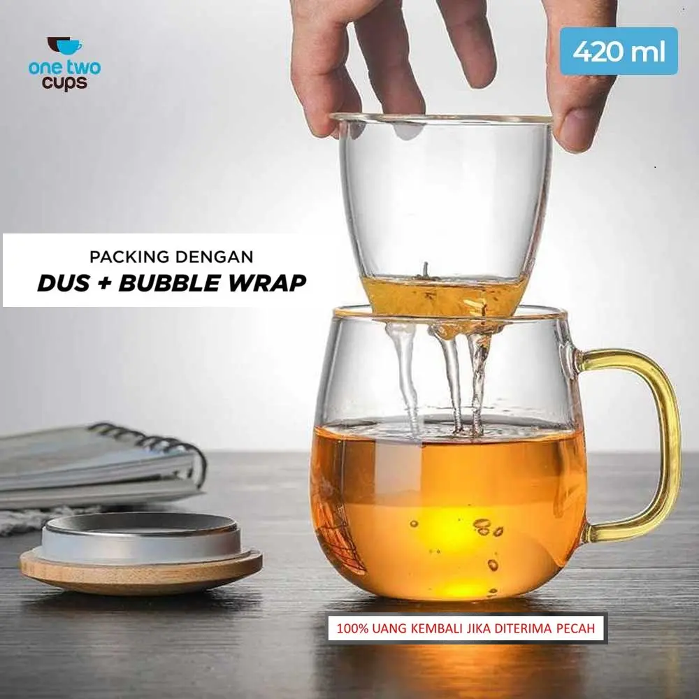 Gelas Cangkir Teh Tea minuman herbal dengan saringan kaca Cup Mug with Infuser Filter