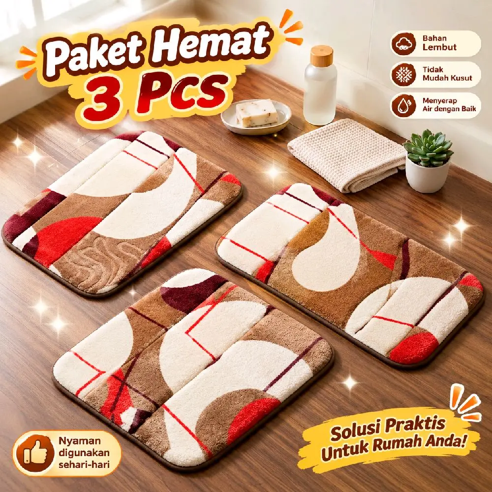 PAKET 3 P Keset Malaysia Tebal Lembut Premium Anti Slip rna Dan Motif Cerah Aesthetic Ultra Soft Absorbent Bath Mat Style Geometric Fusion - RNA RANDOM