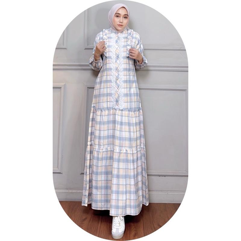 MOZHASHAFURA. Cloth - KIARA DRESS Bahan Katun Kotak Triset Doby Halus Lembut Gamis Muslim Basic Casual Kancing Busui Wudhu Friendly Variasi Renda Bordir Mewah 4