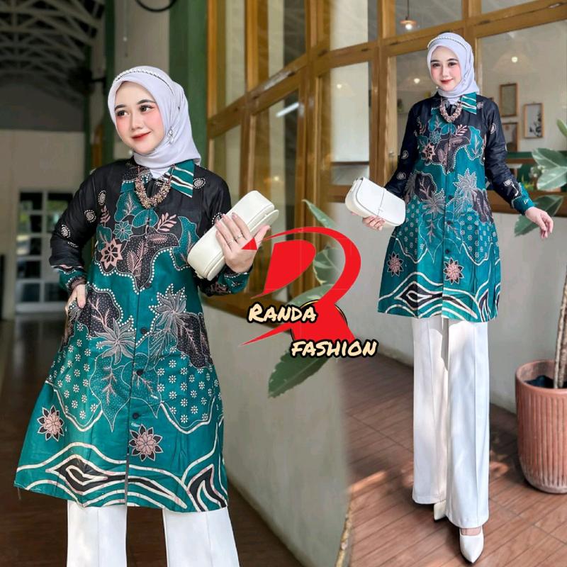 Tunik batik modern Tunik wanita motif Tarbaru seragam guru wanita baju atasan tunik kancing depan busui friendly Katun Panjang Dewasa Remaja Kain Kerja Dress Muslim 7