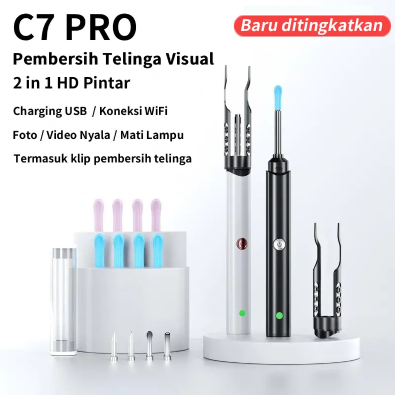 KAKIMI Korek Kuping Kamera C7pro Pembersih Telinga [Dengan klip kotoran telinga + 4 mode pembersihan kepala sendok telinga yang dapat dilepas] Tool with Camera Earwax Removal Cleaning Kuping C7pro Camera Ear