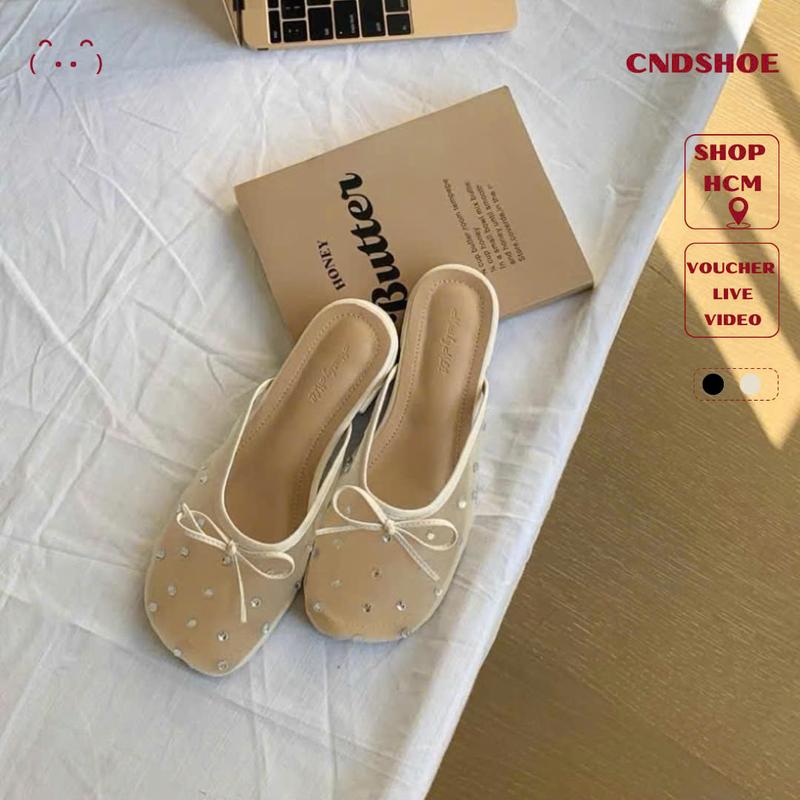 Cndshoe Dép nữ đẹp sục das lười nữ che nắng cndshoe lưới thoáng lưới đính nơ retro - Mesh Slip-On Shoe đá bệt giày dép nữ kiểu đẹp 2025