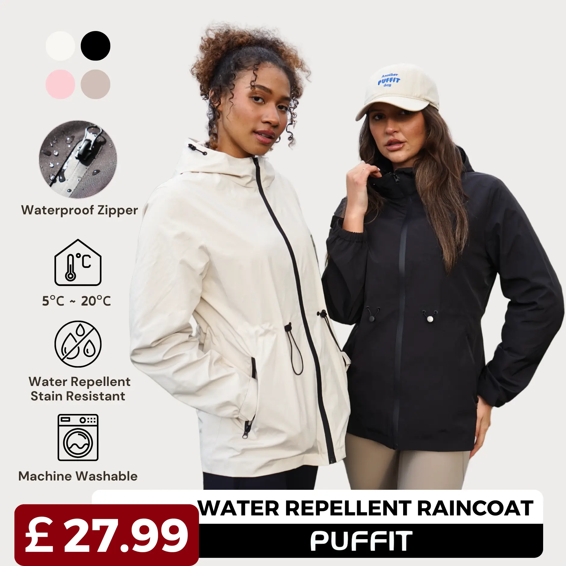 PUFFIT Womens Lightweight Jackets Full Zip Water Repellent Raincoat Adjustable Waist & Hood & Cuff Design Casual Long Sleeve, Inner Pocket Design for Travelling Spring Outdoor Sport