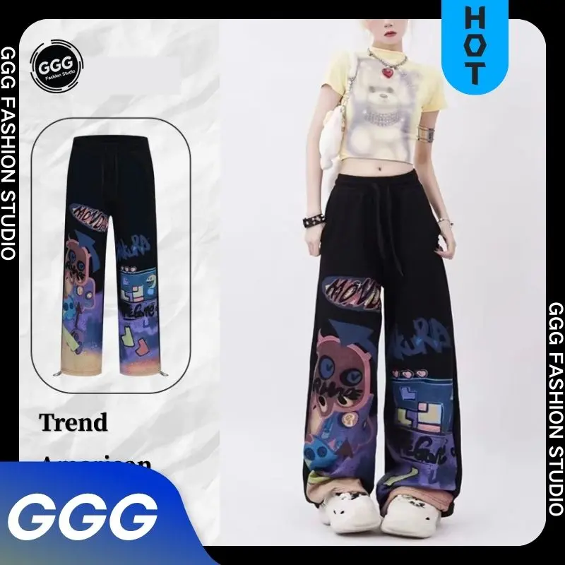 Quần Thường Ngày Cho Nam, Cạp Cao, Dây Rút, Quần Ống Rộng, Dáng Rộng Vừa Vặn, Kiểu Lau Nhà, Quần Dài, In Hình Hoạt Hình Dopamine Và Graffiti Ong Pants Menswear