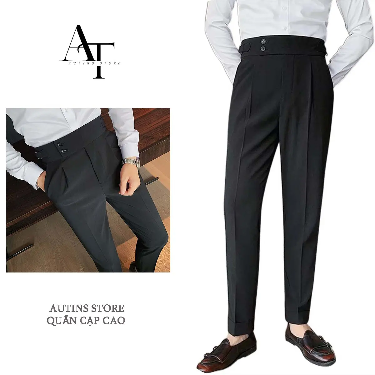 Quần vải nam cạp cao Sidetab 2 khuy baggy suông đen AT1988 STORE, quần âu nam dáng Hàn lưng cao công sở cao cấp  QCC Menswear Pants quana  unam