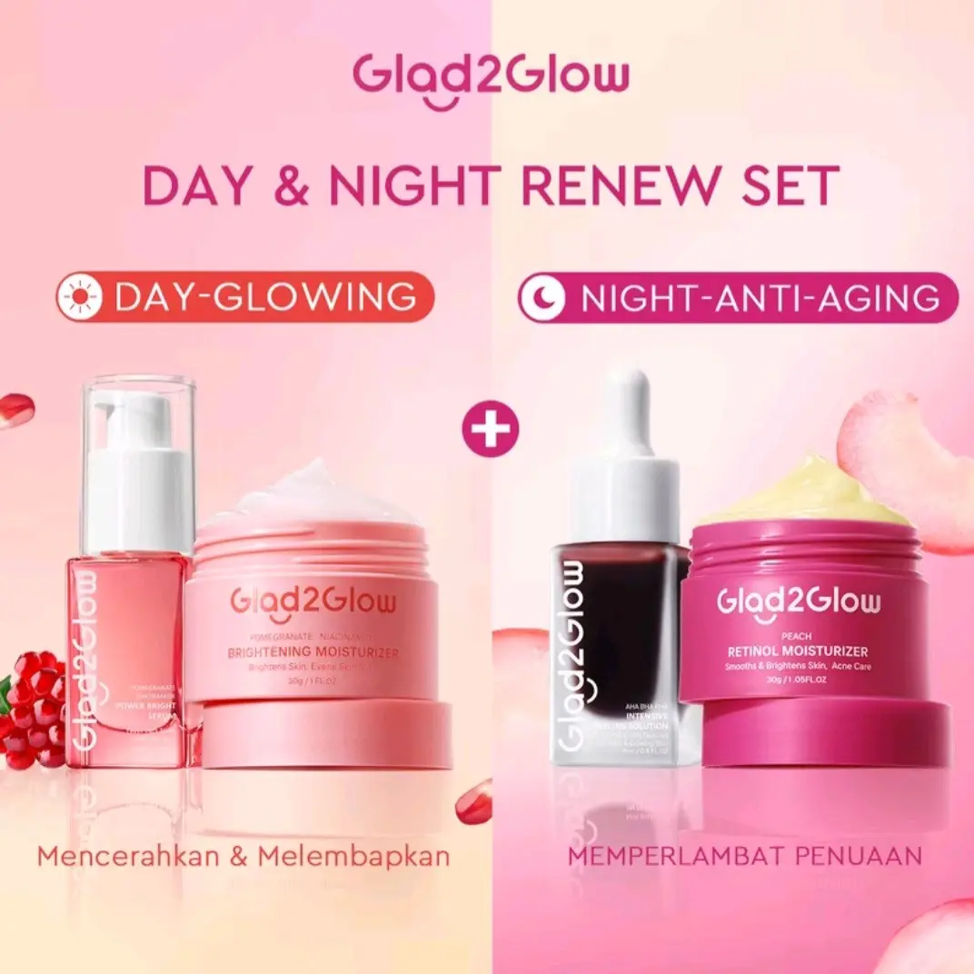 [2 PCS] Glad2glow Day & Nigt Renew Set Moizturizer Retinol + Peeling Serum AHA BHA PHA Moizturizer + Serum Pomegranate Mencerahkan Wajah glad glow sepaket g2g