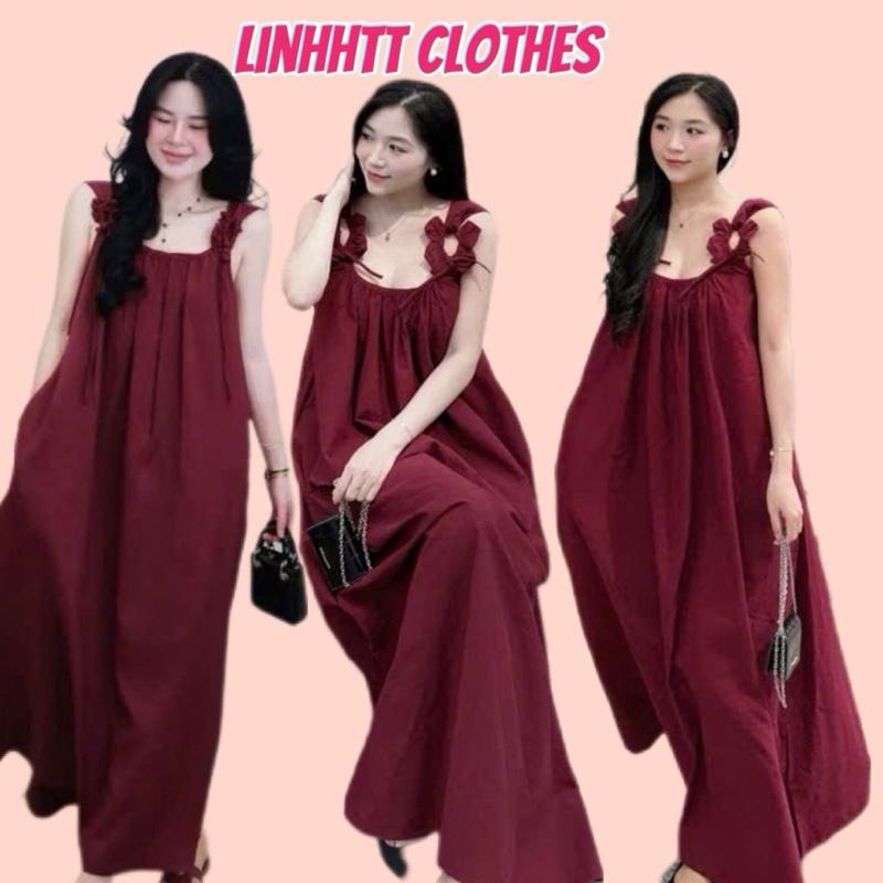 CÓ TÚI -- Váy hai dây bản to thắt hoa maxi LINEN dáng suông sang chảnh