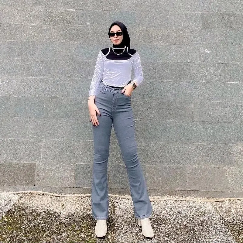 SBL Highwaist Cutbray Jeans Wanita Kekinian Celana Denim Panjang Kerja Hitam Street Style Pas trendy jeans abu kehitaman combinasi hijau Nyaman Biru Muda 6
