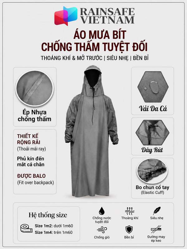 Áo Mưa Bít RainSafe Việt Nam Loại 1- Chống Thấm Tốt, Bền Chắc, Khoác Được Balo