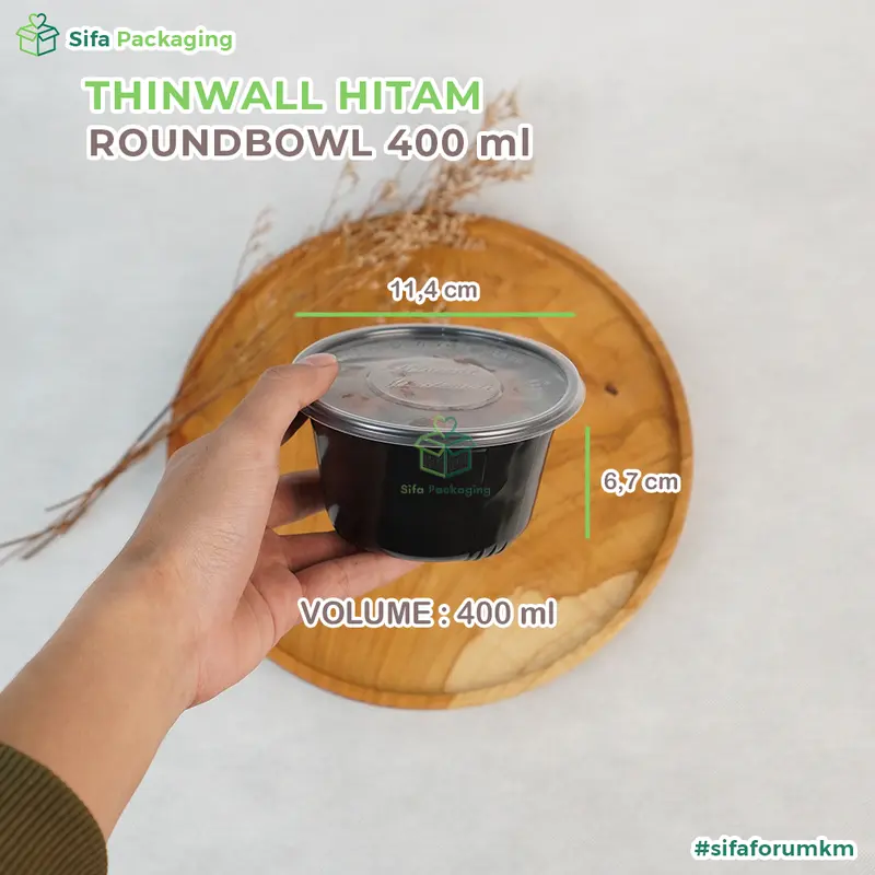 [25 PCS] Thinwall Mangkok Bulat + Tutup 200ml 400ml   Round Bowl Hitam Wadah Plastik Tempat Kue Snack Food Container Mangkuk Bubur Baso 4