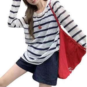 Women's Summer Casual Loose-Fitting Long Sleeve Top, Round Neck Design, Comfortable Daily Wear, Perfect for Spring & Fall 8929 Womenswear Lingerie Tshirt Crewneck Striped