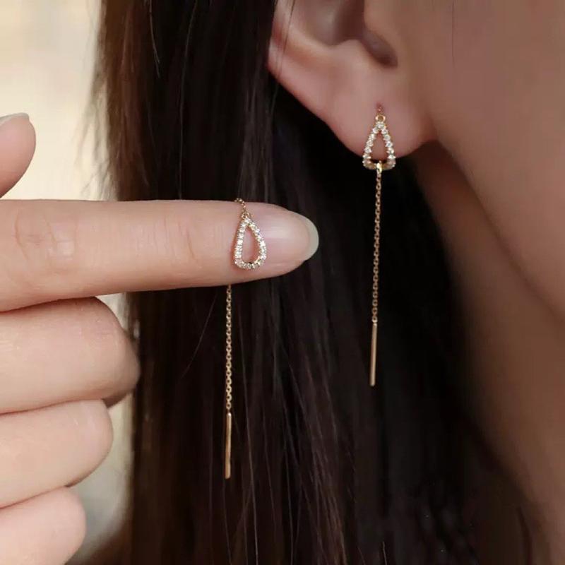Bông Tai Dài Nữ Hình Giọt Nước Dây Tua Rua Màu Vàng Bạc Thanh Lịch Tôn Gương Mặt Dễ Phối