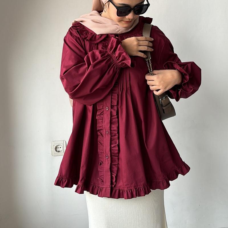 LEONIE POPLIN BLOUSE Atasan Baju Panjang Katun Lembut Oversize Wanita Motif Ruffle 7