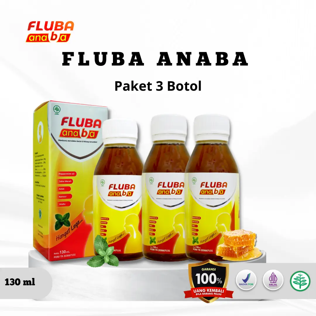 Fluba anaba Original 130ml Tangerang - Sirup Madu Herbal BPOM & Halal Membantu Meredakan Batuk, Flu dan Demam Untuk Anak dan Dewasa - Syrup Honey Herbal- Paket 3 Botol - Bahan Herbal Alami