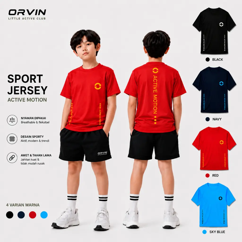 Orvinkids Baju Kaos Jersey Olahraga Active motion Anak Unisex Dry Fit