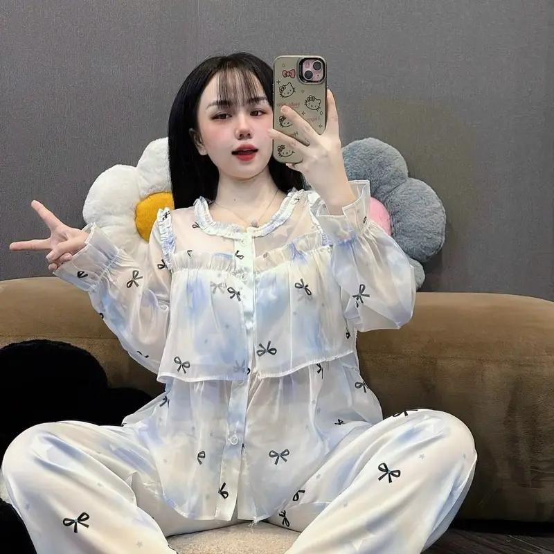 [Tay dài tiểu thư latin phối voan 03] Đồ bộ Pyjama nữ Tay dài tiểu thư 2 tầng lụa latin phối voan tơ cao cấp nhiều màu xinh Women 5
